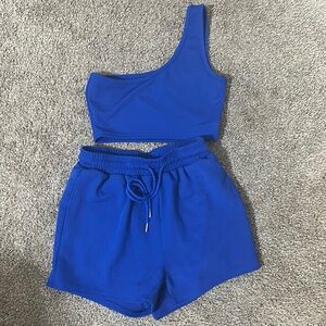 Blue One-Shoulder Top and Shorts Set